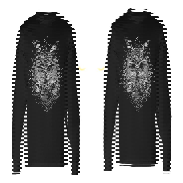 ふくろう ドローイング アート 動物 イラスト モチーフ フクロウ 長袖Tシャツ