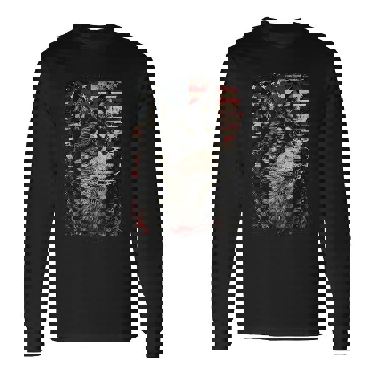 アイヌ犬 アメリカ国旗 長袖Tシャツ