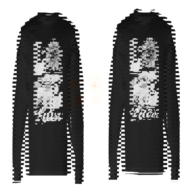 アイ・ラブ・マルチーズ・ドッグ・オーナー・ファニー・ポー・プリント・サンフラワー・ラバー 長袖Tシャツ