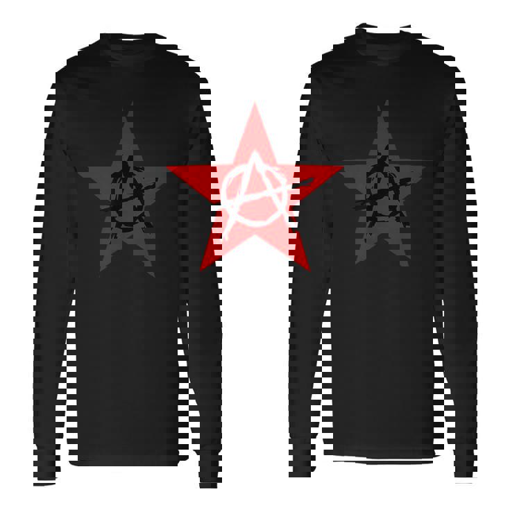 アナーキーサイン、ブラック、レッド、星、海賊、反逆者、パンク、アンチ。 長袖Tシャツ