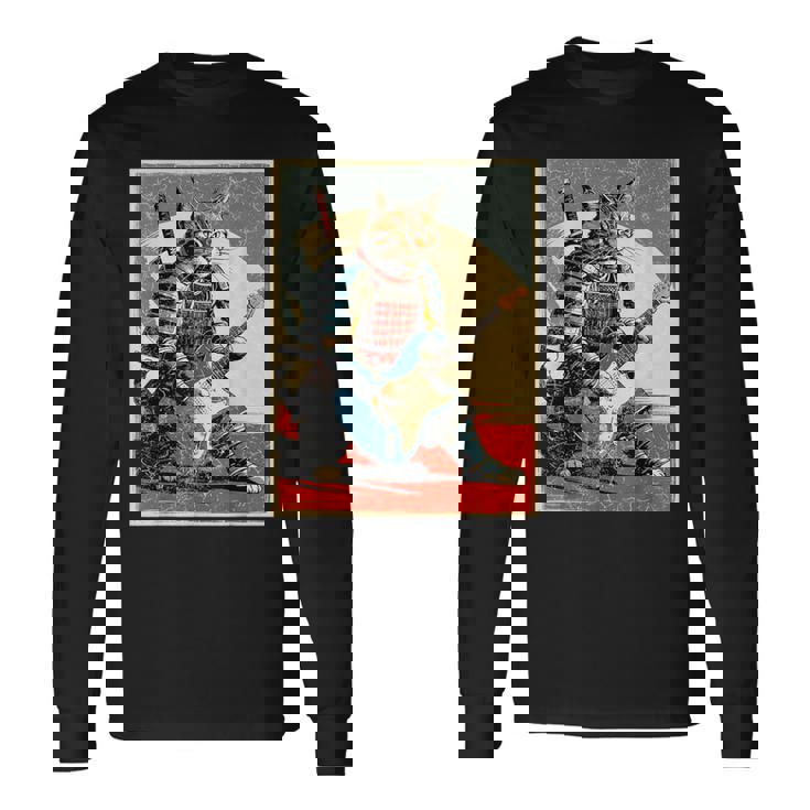 アニメ 日本の侍猫 エレキギターを弾くアートワーク 長袖Tシャツ