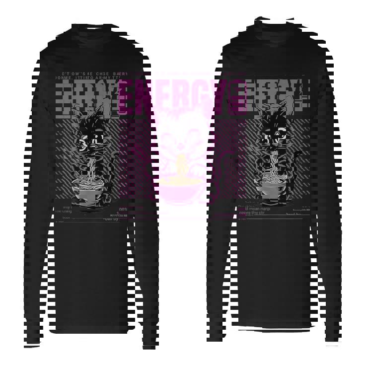 アニメ風ラーメン猫デザイン 充電と食欲のエネルギー系グラフィック 長袖Tシャツ