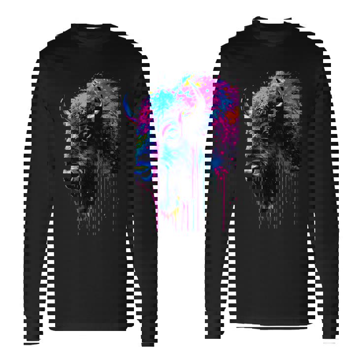 アメリカンバイソンカラーポップアート 美しいアメリカンバイソン愛好家 長袖Tシャツ