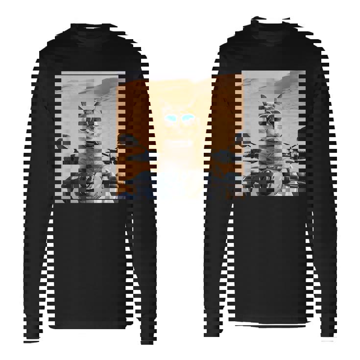 アラビア砂漠でサングラスをかけた猫、ドバイにマッチ。 長袖Tシャツ