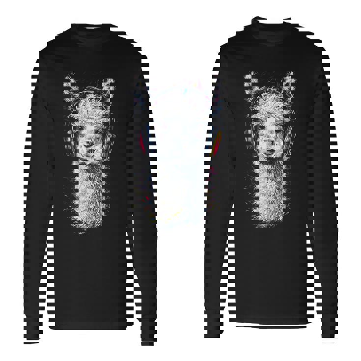 アルパカ アニマル モチーフ 音楽 ヘッドホン イラスト アルパカ 長袖Tシャツ