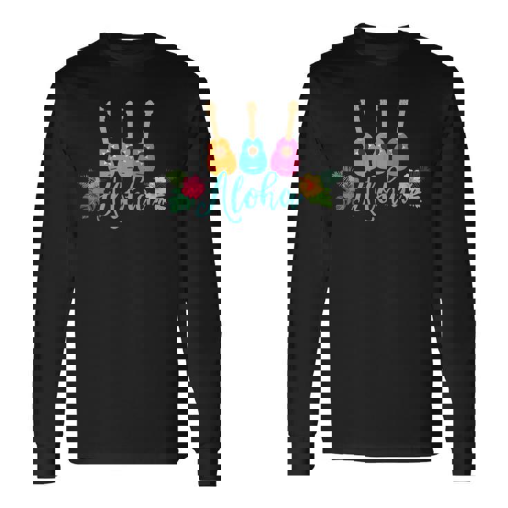 アロハシャツ ウクレレとハイビスカス柄 長袖Tシャツ