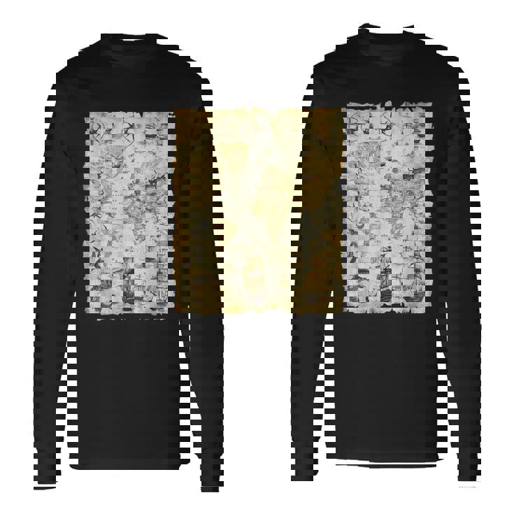 アンティーク地図 海の生き物 海賊 長袖Tシャツ