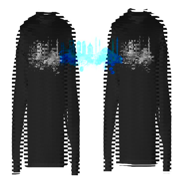 イスタンブールのスカイライン 青いモスク 青い絵 トルコ 長袖Tシャツ