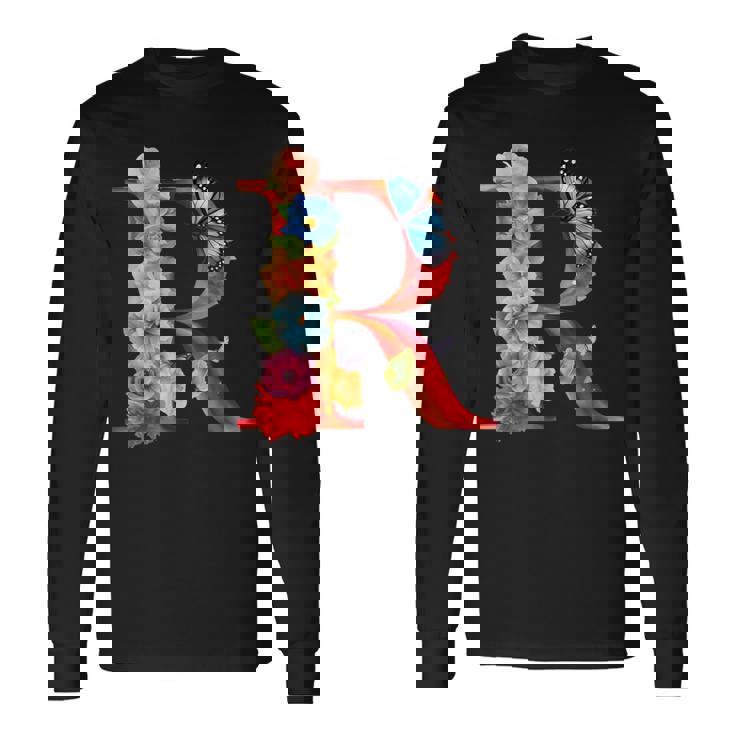 イニシャル R アルファベット バタフライ ローズ 花 水彩 モノグラム 長袖Tシャツ