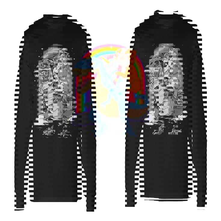 イングリッシュブルドッグ ユニコーン ライディング ダイナソー Tレックス ギフト メンズ レディース 長袖Tシャツ