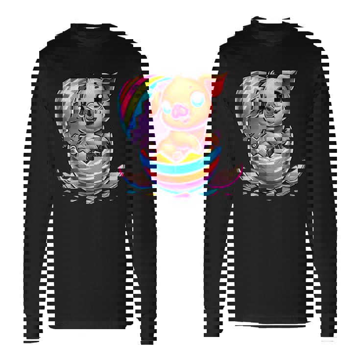 イースターエッグのかわいい赤ちゃん豚の漫画アート。 長袖Tシャツ