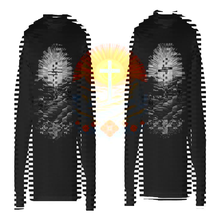 イースターデー クロスフラワー サンセット クリスチャン イースター 長袖Tシャツ