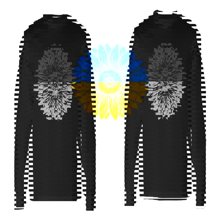 ウクライナの平和ひまわり苦しめられた青と黄色 長袖Tシャツ