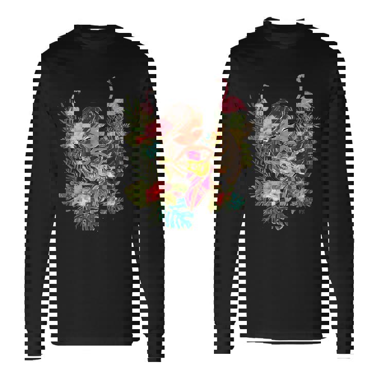 ウクレレフラガールティキバケーションハワイアンルアウビーチフラミンゴ 長袖Tシャツ