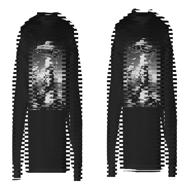 エイリアンufoモナリザと面白いセルフィー 長袖Tシャツ