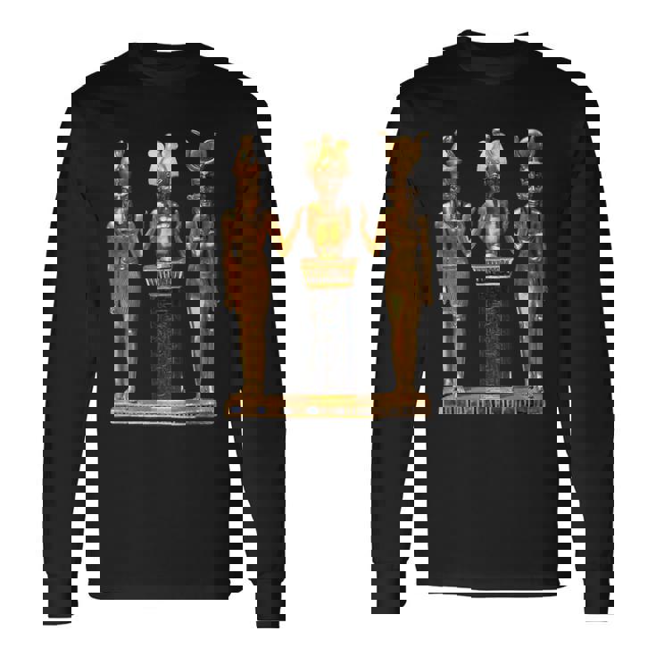 エジプト トリニティ ゴールデンホルス オシリスとイシスの像 長袖Tシャツ