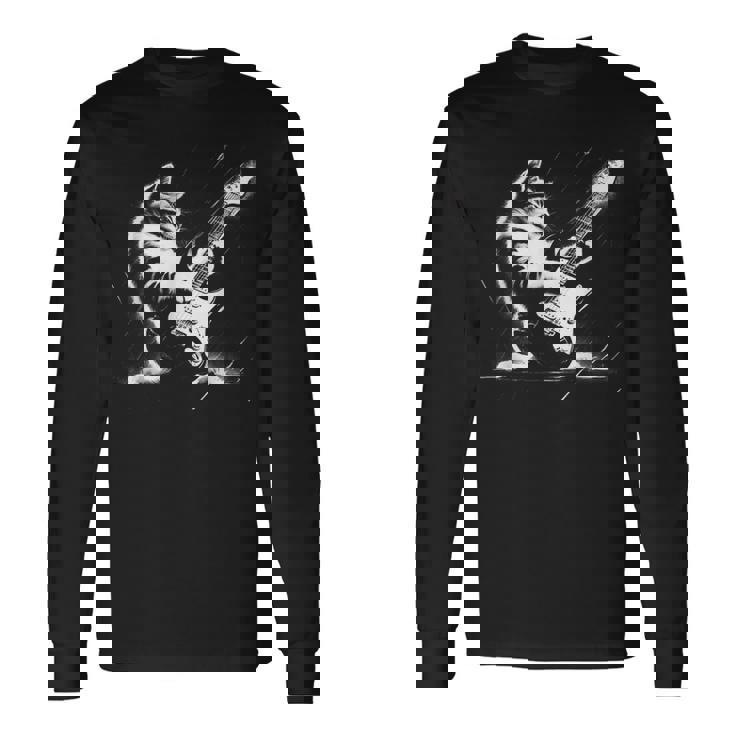 エレキギターで遊ぶ面白いギター猫 長袖Tシャツ
