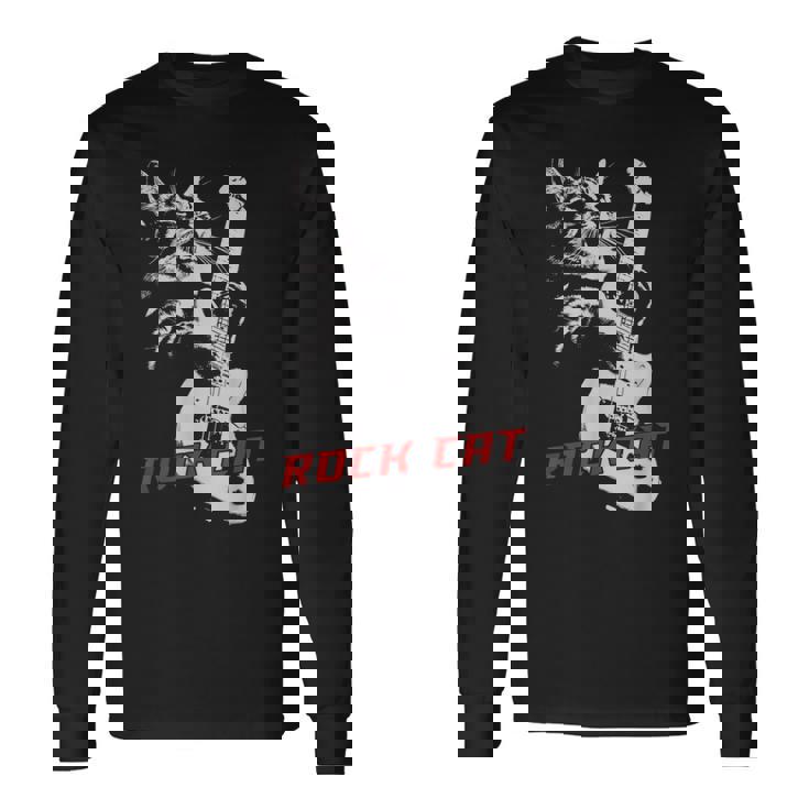 エレキギターを弾くロックキャット 面白い猫ニャーパロディショー 長袖Tシャツ