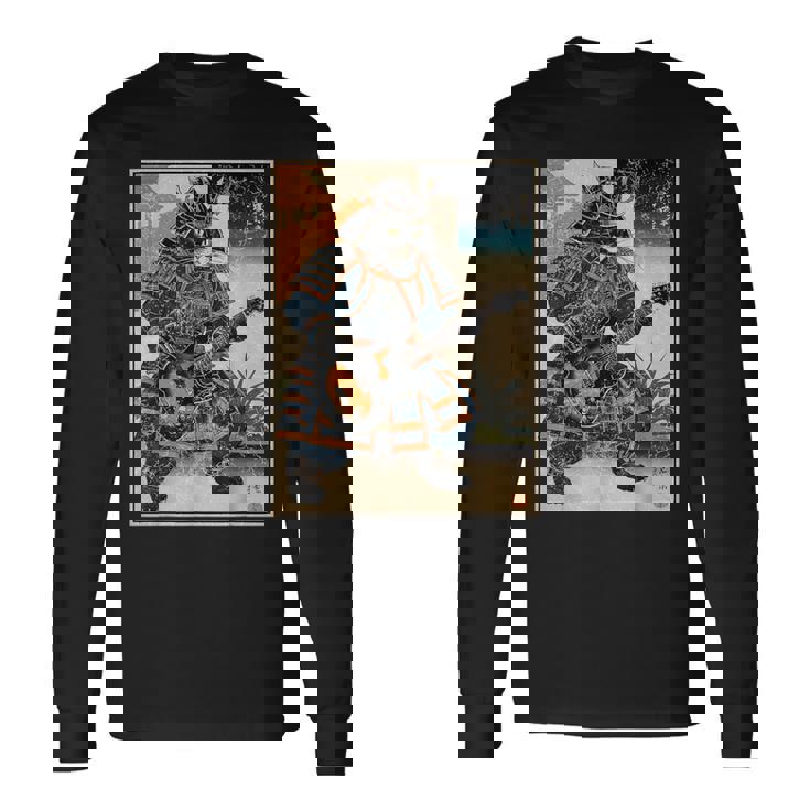 エレキギターを弾く日本の侍猫 浮世墨アート 長袖Tシャツ