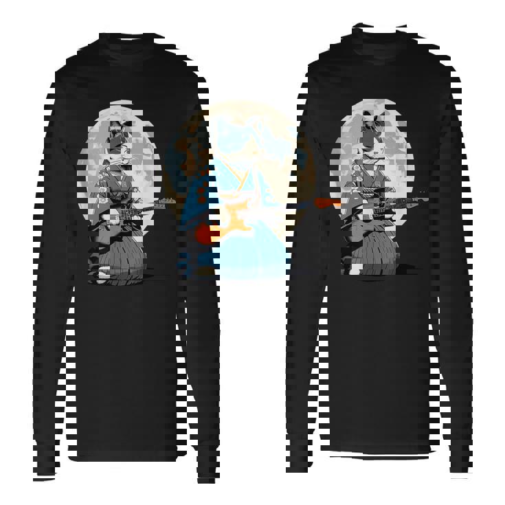 エレキギターを弾く日本猫 着物&猫ギター 長袖Tシャツ