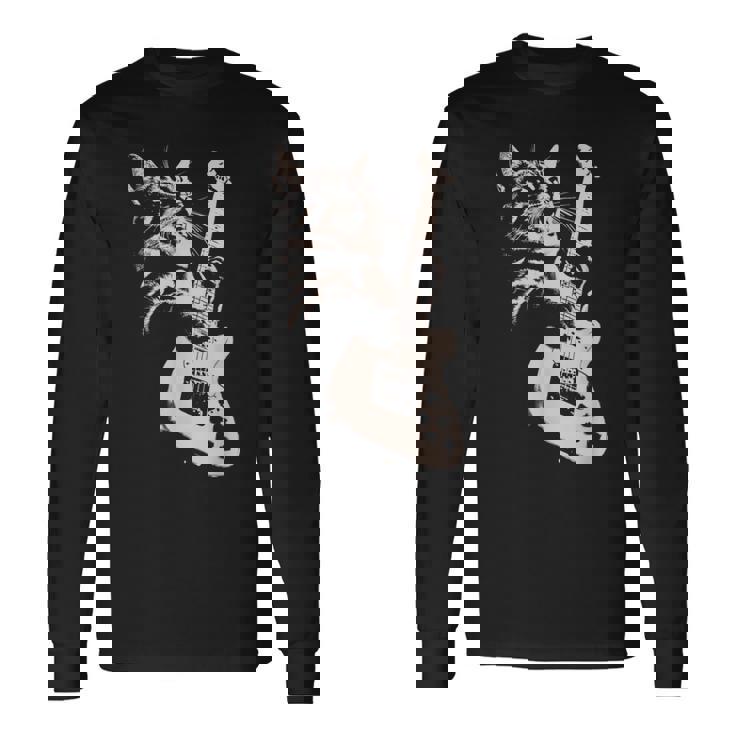 エレキギターを弾く猫 面白い猫ロッカー ロックショーで 長袖Tシャツ