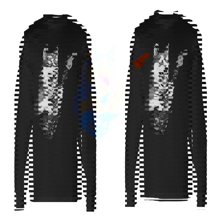 エレキギターを弾く面白いシベリアンハスキー犬ミュージシャン 長袖Tシャツ
