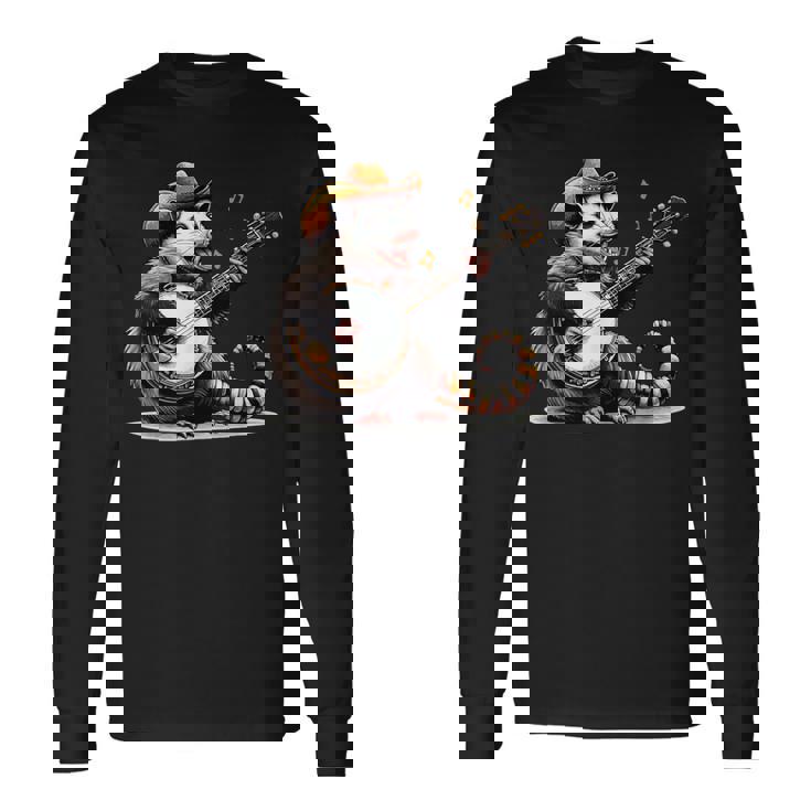オポッサム演奏 バンジョー ギター 面白い ポッサムハット ゴミ オポッサム 長袖Tシャツ