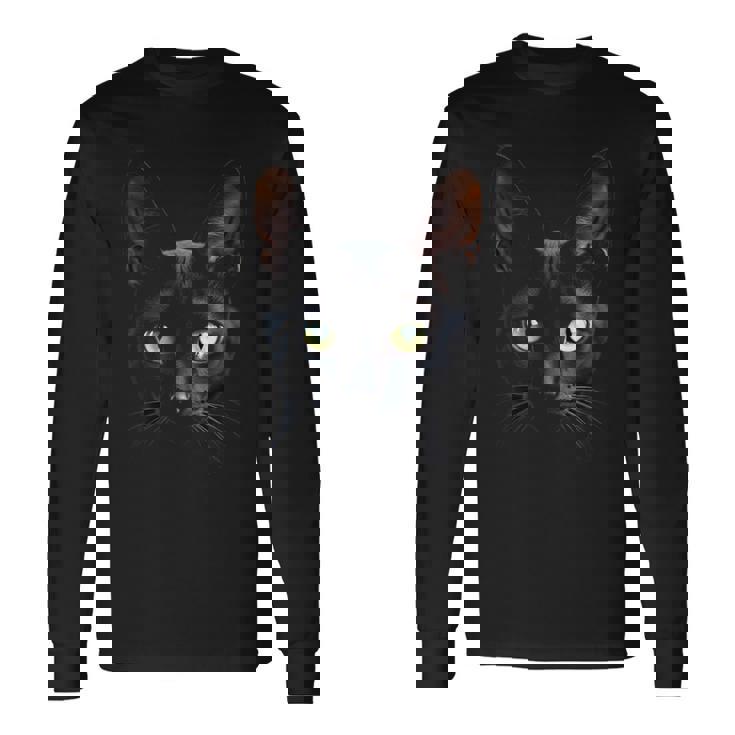 オリエンタル ショートヘア 猫 リアルなフェイスアート ブラック 長袖Tシャツ