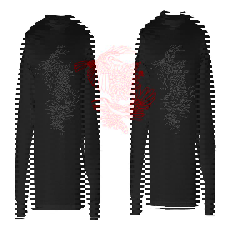 オリジナルツインサギと菊レッドラインアート 長袖Tシャツ