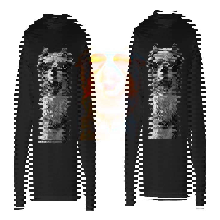 オーストラリアン・シェパード＆サングラス 愛犬家 シェパード 長袖Tシャツ