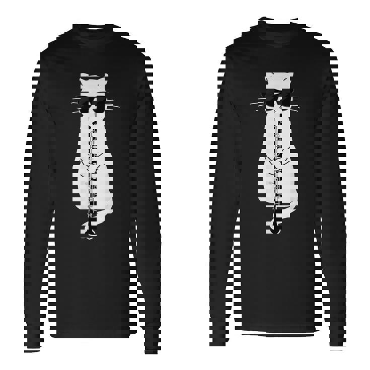 オーボエで遊ぶサングラスをかけた猫 長袖Tシャツ