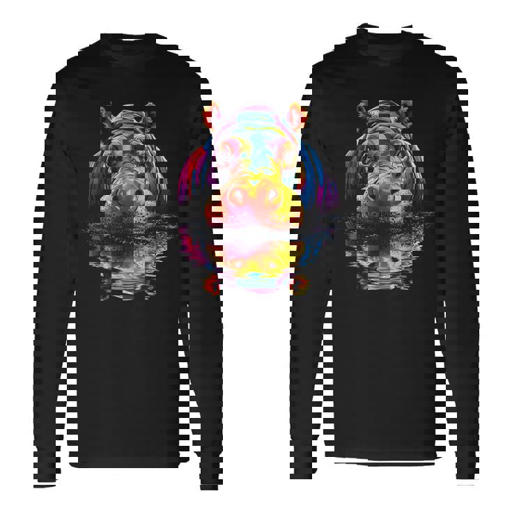 カバ カラフル アート 動物 かわいい グラフィック モチーフ カバ 長袖Tシャツ