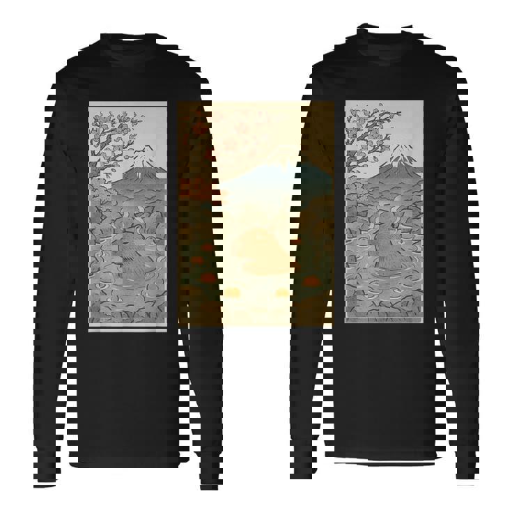 カピバラ 桜と温泉のカワイイアート 長袖Tシャツ