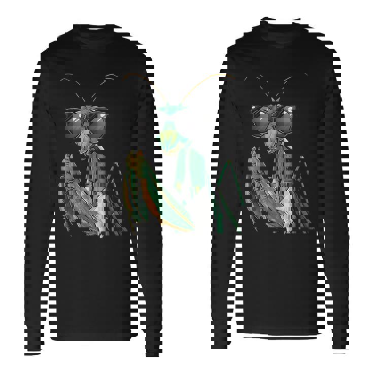 カマキリのサングラスをかぶったコスチュームファニーバグ昆虫 長袖Tシャツ