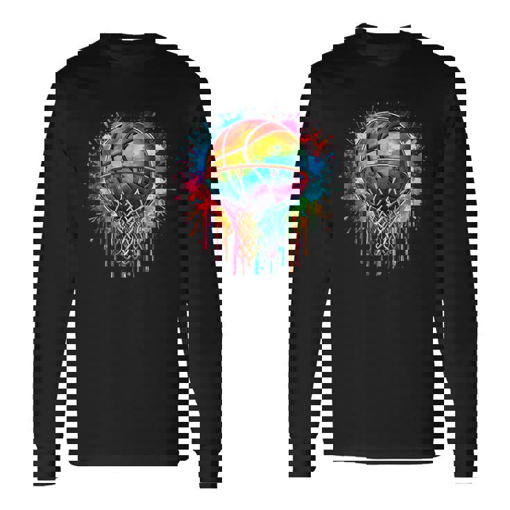 カラフル バスケットボール 絞り染め カラー スプラッシュ フープ ネット スラム ダンク 長袖Tシャツ