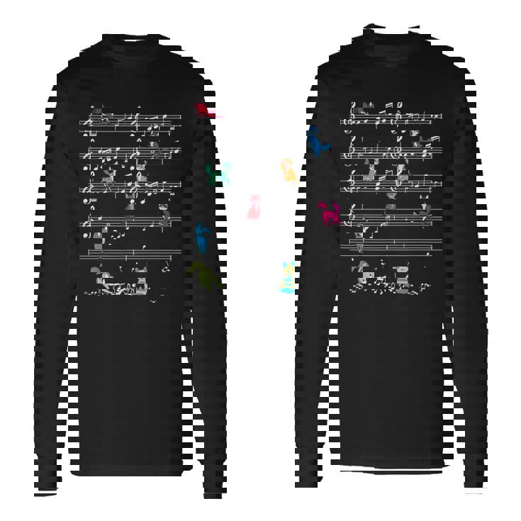 カラフルでかわいい猫 音符 楽譜 長袖Tシャツ