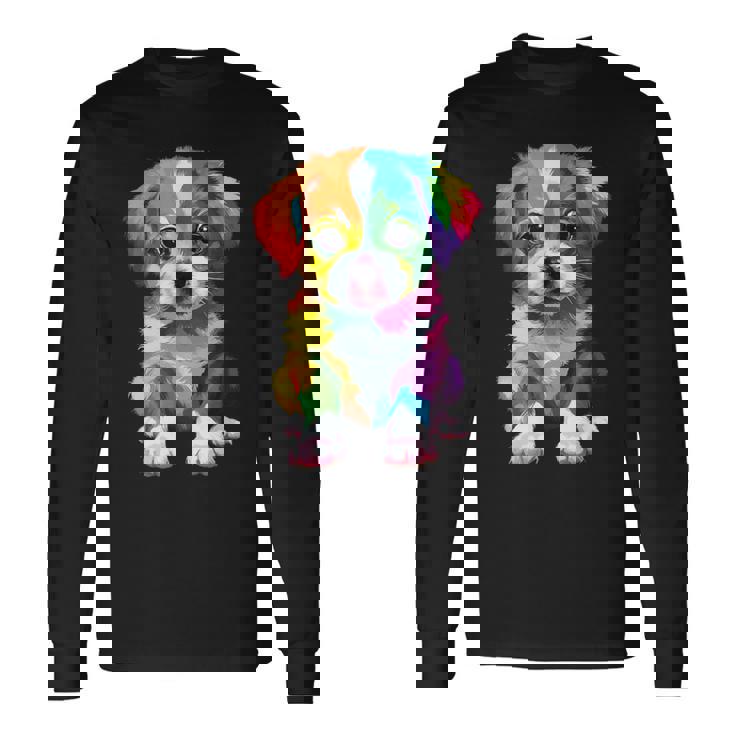 カラフルなかわいい子犬 愛らしい犬 長袖Tシャツ ギフトのアイデア