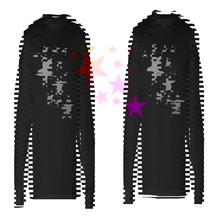 カラフルなオレンジピンクの星、流れ星柄デザイン。 長袖Tシャツ