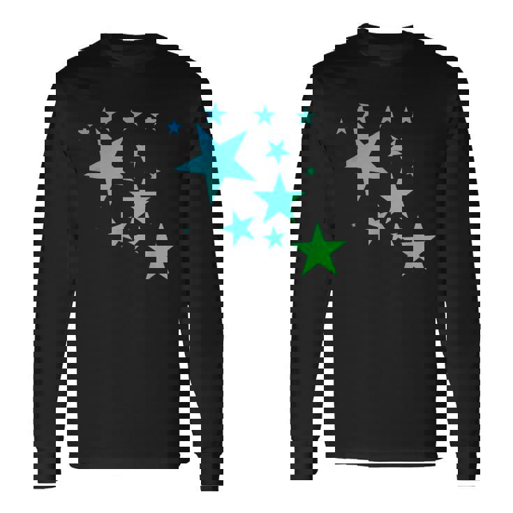 カラフルなグリーンブルーの星、星柄デザイン。 長袖Tシャツ