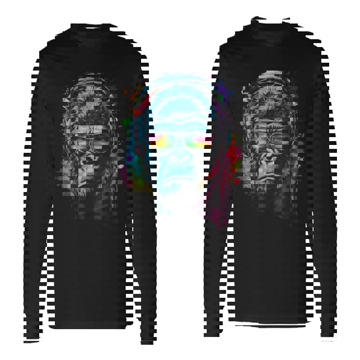 カラフルなゴリラとヘッドフォン レインボー バイブス エイプ モチーフ 長袖Tシャツ