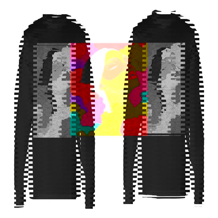 カラフルなドリームスケープ – シュールな顔と抽象的な波 長袖Tシャツ