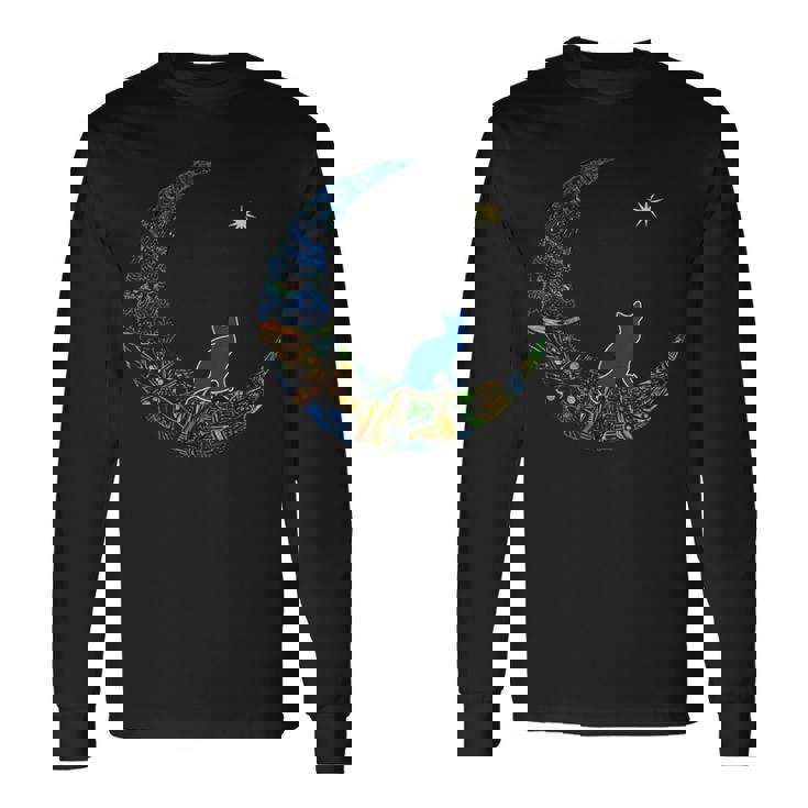 カラフルな曼荼羅三日月と猫と星 長袖Tシャツ