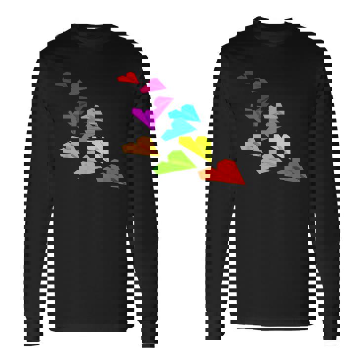 カラフルな紙飛行機デザイン 飛行機愛好家向け 長袖Tシャツ