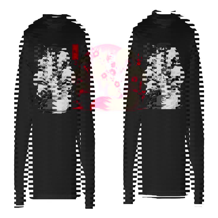キツネ キツネ 赤いクモユリ 花 日本の九尾キツネ 長袖Tシャツ ギフトのアイデア