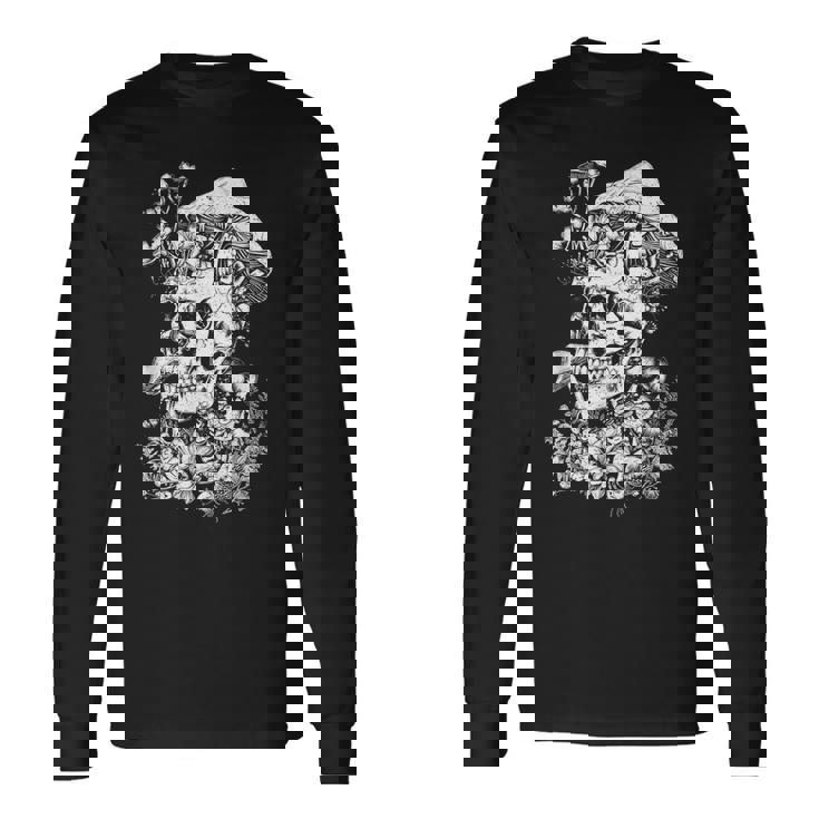 キノコや花があしらわれた骸骨の幻覚的なイラスト 長袖Tシャツ