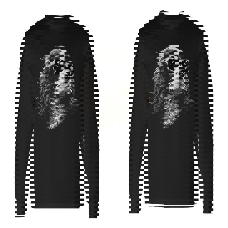 キャバリア・キング・チャールズ・スパニエル犬とサングラス 長袖Tシャツ