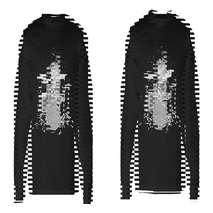 キュートで面白い猫のドラマー ドラムを弾くパンク ロックスター グラフィック 長袖Tシャツ