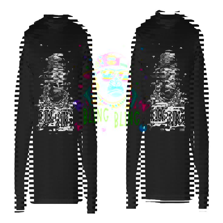 キラキラ光るクールなゴリラとジュエルヒップホップアートギャングスター 長袖Tシャツ