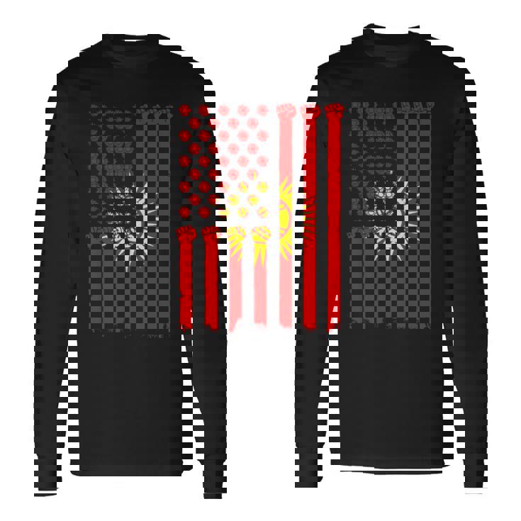 キルギス アメリカ 手拳 キルギス ルーツ アメリカ キルギス 国旗 長袖Tシャツ