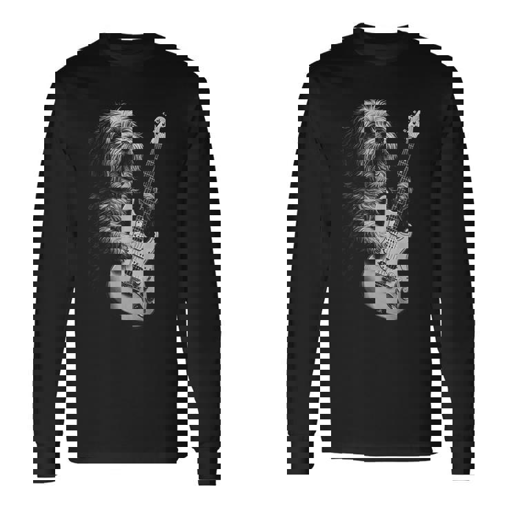 ギターを弾くハバニーズ犬 ロックミュージック 犬好き 長袖Tシャツ